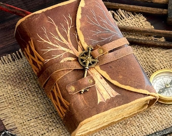 Tree of Life Leather Journal - Antique Handmade Deckle Edge Vintage Paper Leather Print Bound Notebook Journal - Book of Shadows Journal
