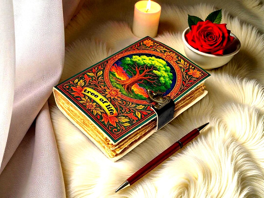 Tree of Life 400 Page Grimoire Vintage Leather Journal, Blank Spell ...