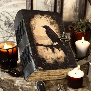Leather Journal Gothic Notebook The Raven Grimoire Print - Vintage Handamde Journal Book of Shadows Witchcrafts Journal Gifts for Men,