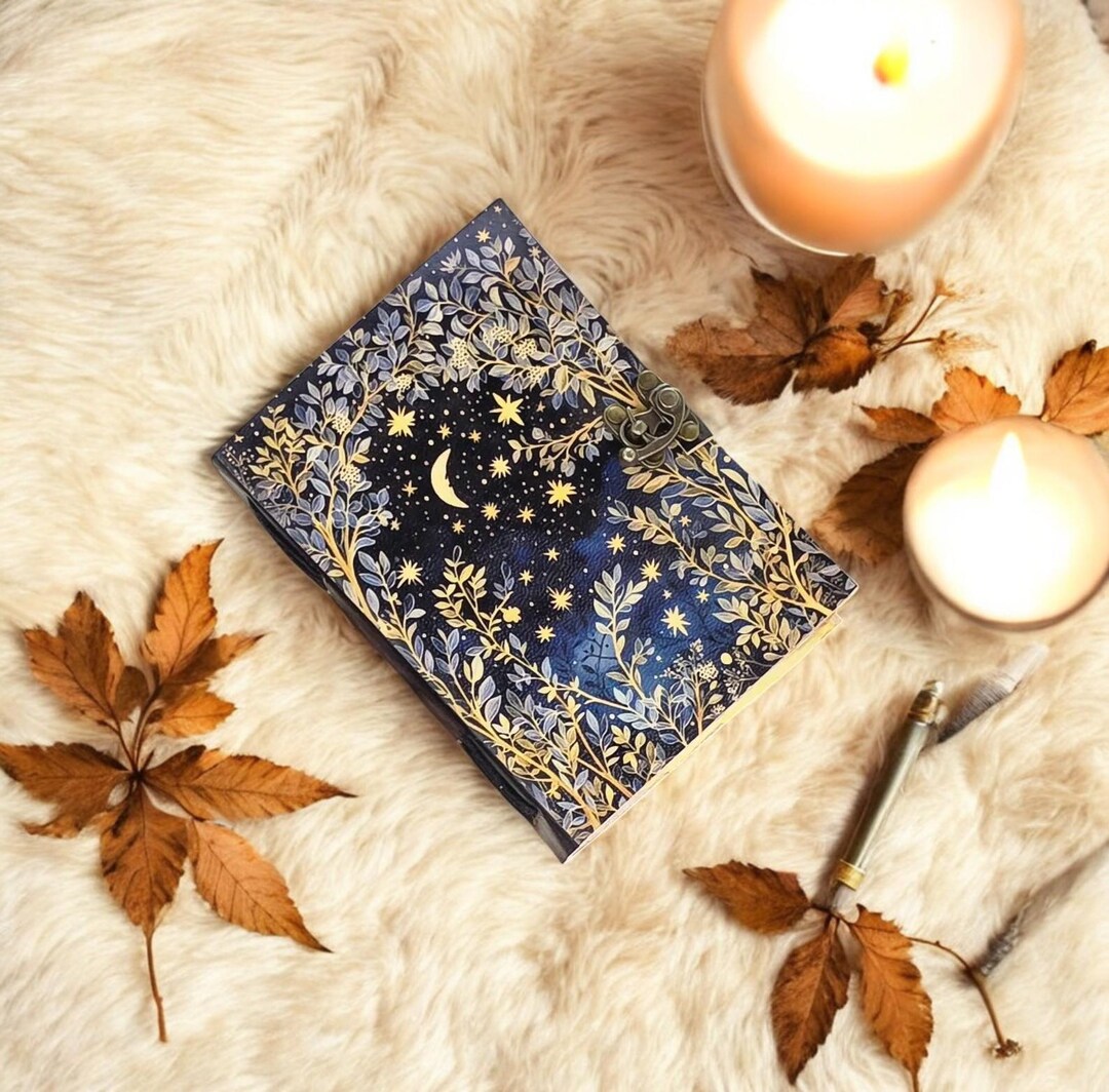 Grimoire Leather Journal - Moon and Tree Printed Blank Spell Book of ...