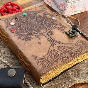 Handmade Tree of life Seven Stone Journal Deckle Edge paper Grimoire Gift for Him and Her
