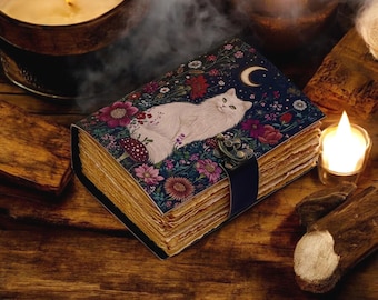 400 Page Large Grimoire Vintage leather journal, Celtic Cat Leather Journal, Blank spell book of shadows Celestial Gifts For Him Her