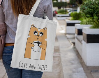 Cats and Coffee Tote Bag | Cat Lover Canvas Shopping Bag