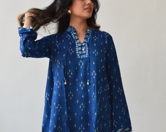 Summer Cotton modal Hand Block Printed tunic  || Indigo printed mud resist Boho tunic Dress || Placket with border Handmade Casual Wear ||