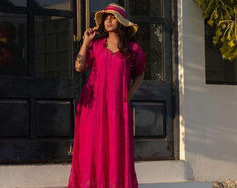 Pink Cotton Silk Maxi Dress Tiered : Frill Detail, Handmade Tassels, X-Mas Outfit
