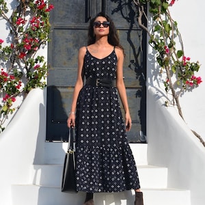 Vestido de algodón con tirantes finos: Vestido de verano sin mangas con estampado de bloques
