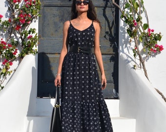 Cotton Spaghetti Strap Dress: Block Print Sleeveless Sundress