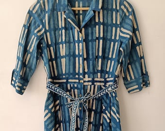 Indigo Blue Summer Dress || Hand Block Printed Shirt Dress || Indian Cotton Women&#39;s Wear || Holiday Vacation Beach Wear Dress |Gifts for her