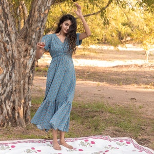 Floral Maxi Dress | Indian Hand Block Print | Casual Resort Vacation Wear | Romantic Date Outfit | Overlap Dress | Gifts for her