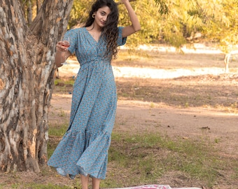 Robe longue fleurie | Impression indienne de bloc de main | Vêtements de vacances décontractés | Tenue pour rendez-vous romantique | Robe superposée | Cadeaux pour elle