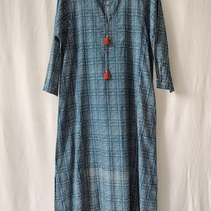 Vestido de verano de algodón con estampado de bloques: vestido estilo boho resort con bolsillos.