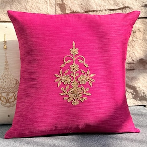 Fuchsia Majenta Gota Patti Pillow Cover | Hand Embroidered Cotton-Silk Cushion Home Decor and Gifting