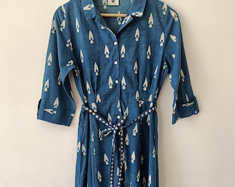 Indigo Shirt Dress | Hand Block Print Sundress for women | Gifts for her | Boho Chic Cotton Resort Beach Wear | Blue Collared Dress |