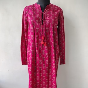Red Floral Block Print Cotton Dress: Boho Midi Dress with Pockets