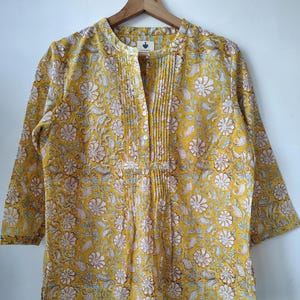 Pure Cotton Yellow Floral Top || Hand Block Print Blouse || Elegant Summer Workwear|| Tropical Botanical Top || Comfy Indian Tunic for women