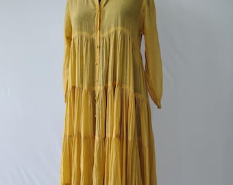 Yellow Cotton Silk Maxi Dress: Boho Flared Summer Gown