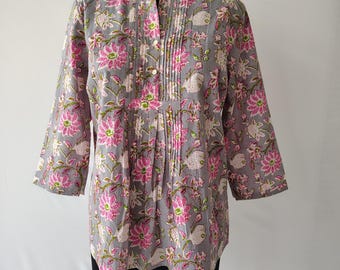 Hand Block Print Cotton Tunic Top: Grey Tropical Floral Blouse