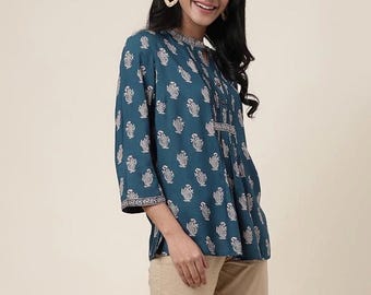 Blue Floral Tunic Top: Ethnic Indian Rayon Blouse