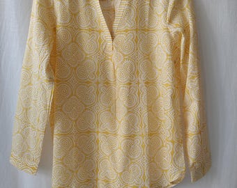 Yellow Cotton Tunic Top: Hand Block Print Indian Blouse