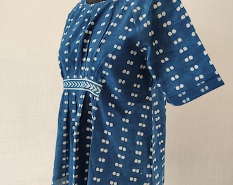 Indigo Cotton Top, Hand Block Print Casual Summer Blouse