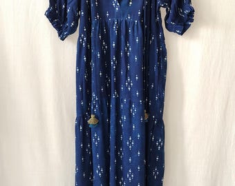 Long Boho Maxi Dress || Indigo Block Print Tiered Dress || Handcrafted Viscose Flared Dress || Casual Summer Wear || Dress with Pockets