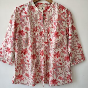 Tropical Cotton Blouse || Comfy Summer Wear || Pink Floral Block Print Top || Casual Boho Tunic || Office wear Top || Gifts for her