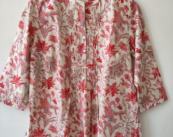 Pink Floral Cotton Blouse: Tropical Block Print Boho Tunic