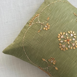 Sage Green Hand Embroidered Cushion Cover | Gota Patti Cotton Silk Pillow Shams