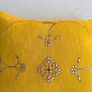 Yellow Hand Embroidered Cushion Cover | Indian Gotapatti Cotton Silk Pillow | Boho Sofa Decor image 3