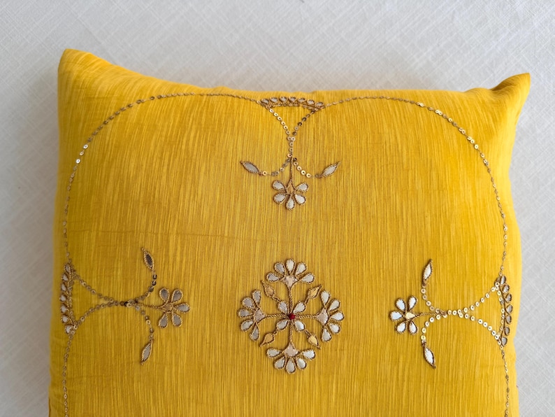 Yellow Hand Embroidered Cushion Cover | Indian Gotapatti Cotton Silk Pillow | Boho Sofa Decor image 3