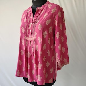 Pink Summer Blouse | Floral Rayon Tunic | Beachy Vacation Tops | Indian Women&#39;s Top | Block Printed Classic Blouses Top | Gifts for her