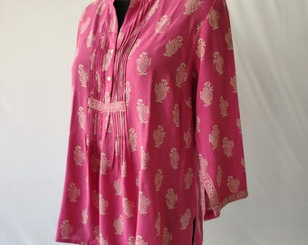 Pink Floral Rayon Blouse: Indian Block Print Summer Tunic