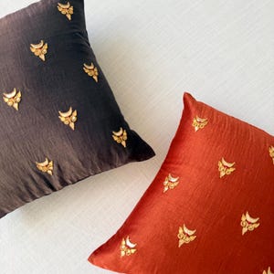 Rust Hand Embroidered Cotton Silk Cushion Cover: Indian Gota Patti Sequin Pillow