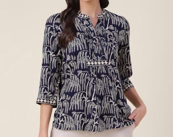 Floral Hand Block Print Rayon Tunic Top: Elegant Boho Blouse