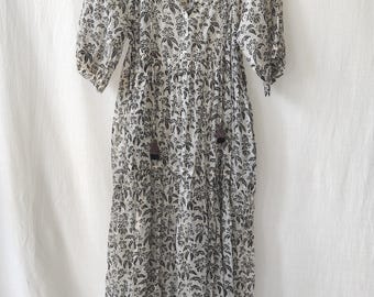 Boho Cotton Silk Flared Dress: Black & White Frill Detail