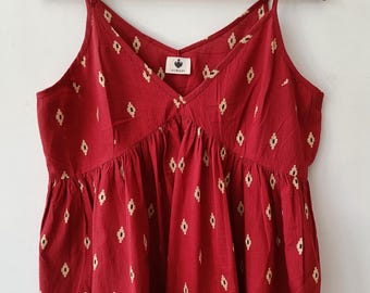 Pattern 9 Rust Ikat Cotton Camisole Top: Hand Block Print Blouse