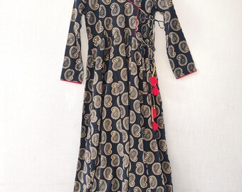 Ethnic Long Dress Black : Indian Block Print Summer Gown