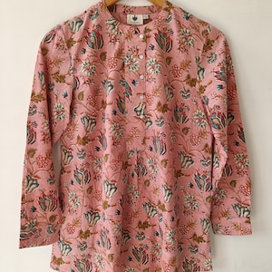 Boho Block Print Cotton Top || Women Casual Work Wear || Summer Tunic Top || Pink Floral Print Blouse || Resort Wear || Gifts for her
