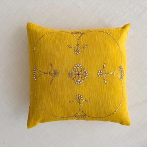 Yellow Hand Embroidered Cushion Cover | Indian Gotapatti Cotton Silk Pillow | Boho Sofa Decor image 13