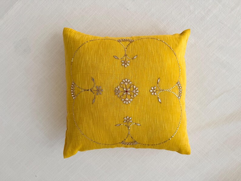 Yellow Hand Embroidered Cushion Cover | Indian Gotapatti Cotton Silk Pillow | Boho Sofa Decor image 13