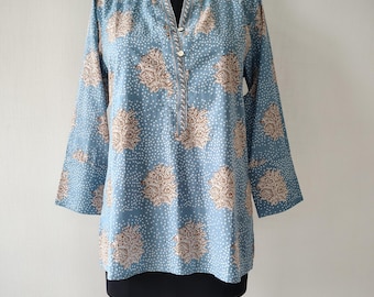 Indian Floral Print Tunic, Boho Cotton Summer Blouse Blue