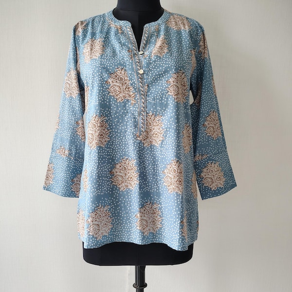 Tunica con stampa floreale indiana, camicetta estiva in cotone boho blu