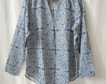 Blue Cotton Tunic Top: Hand Block Print Indian Shirt