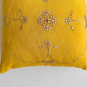 Yellow Hand Embroidered Cushion Cover | Indian Gotapatti Cotton Silk Pillow | Boho Sofa Decor image 6