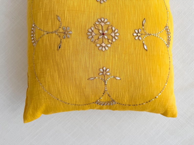 Yellow Hand Embroidered Cushion Cover | Indian Gotapatti Cotton Silk Pillow | Boho Sofa Decor image 6