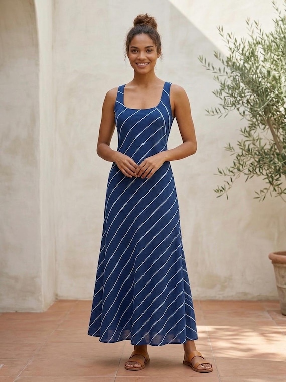 Indigo Striped Geometric Bias Maxi Dress: Hand Block Print Cotton Summer Dress