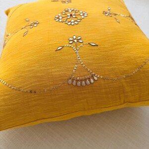 Yellow Hand Embroidered Cushion Cover | Indian Gotapatti Cotton Silk Pillow | Boho Sofa Decor image 14