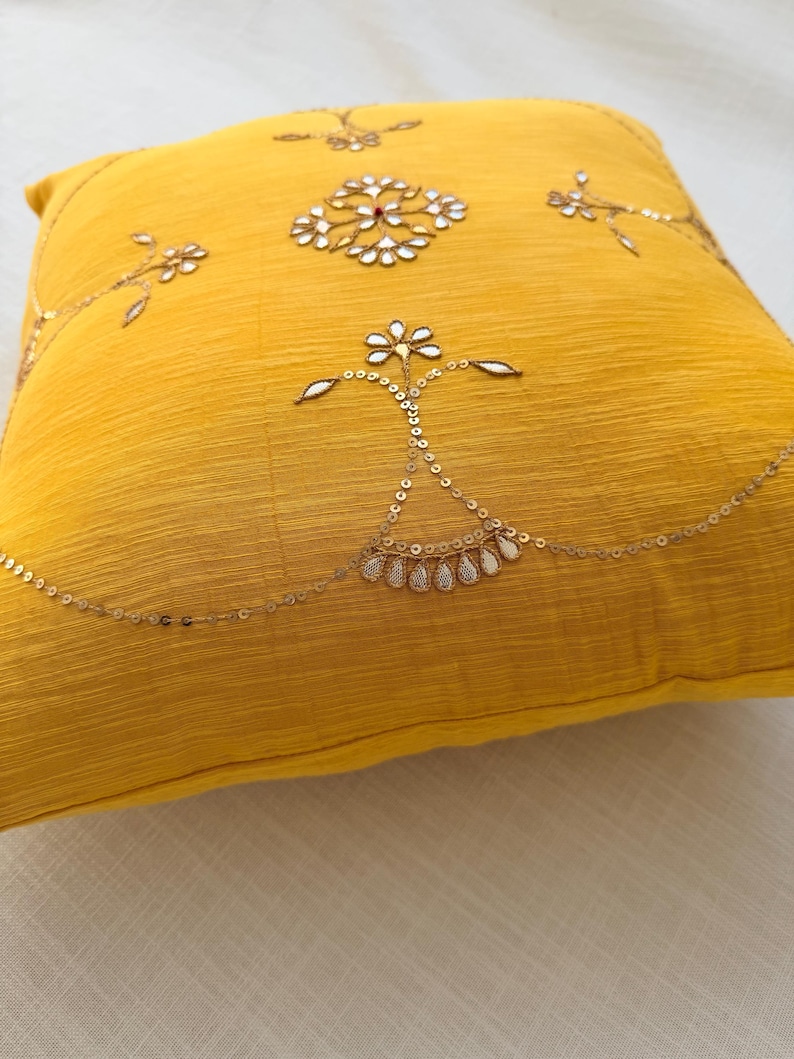 Yellow Hand Embroidered Cushion Cover | Indian Gotapatti Cotton Silk Pillow | Boho Sofa Decor image 14