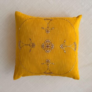 Yellow Hand Embroidered Cushion Cover | Indian Gotapatti Cotton Silk Pillow | Boho Sofa Decor image 7