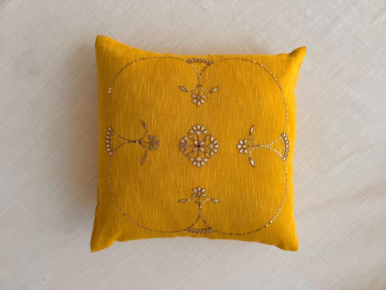 Yellow Hand Embroidered Cushion Cover | Indian Gotapatti Cotton Silk Pillow | Boho Sofa Decor image 7